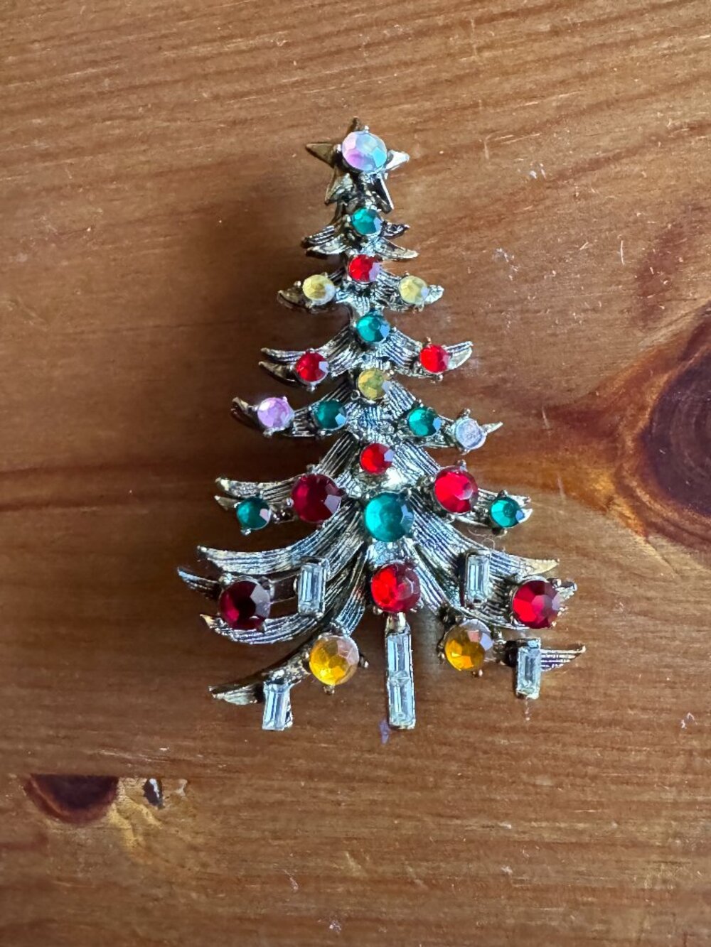 Vintage Hollycraft Brass tone Multicolor Rhinestone Christmas Tree Brooch
